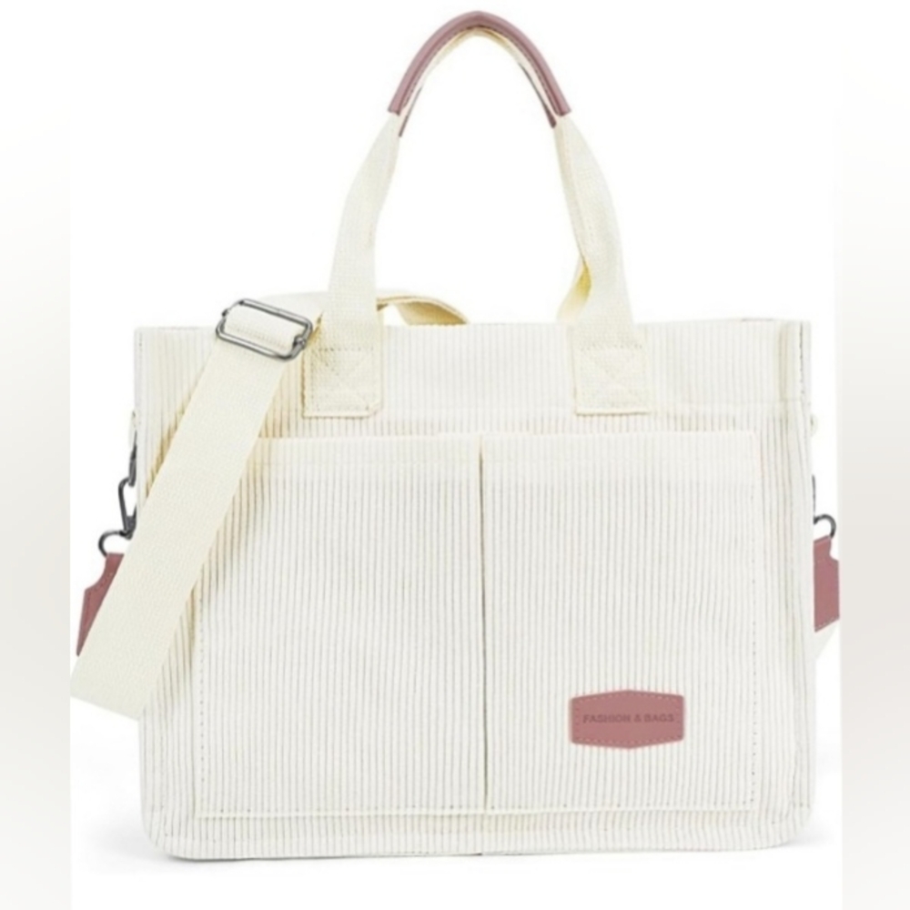 Womens Corduroy Tote Bag with Pockets Fashion Crossbody Bag. White.